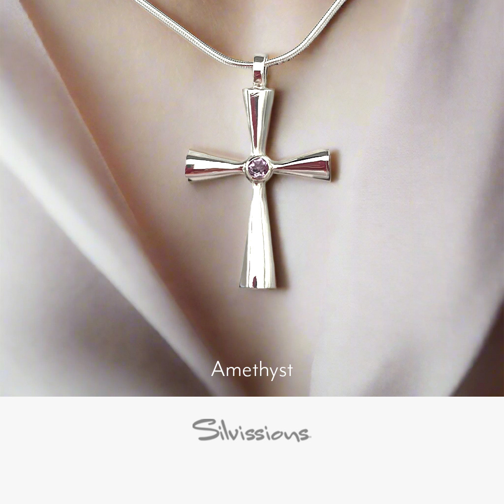 Experience the divine with our handcrafted Sterling Silver Cross necklace with an Amethyst Gemstone by silversmith artisans